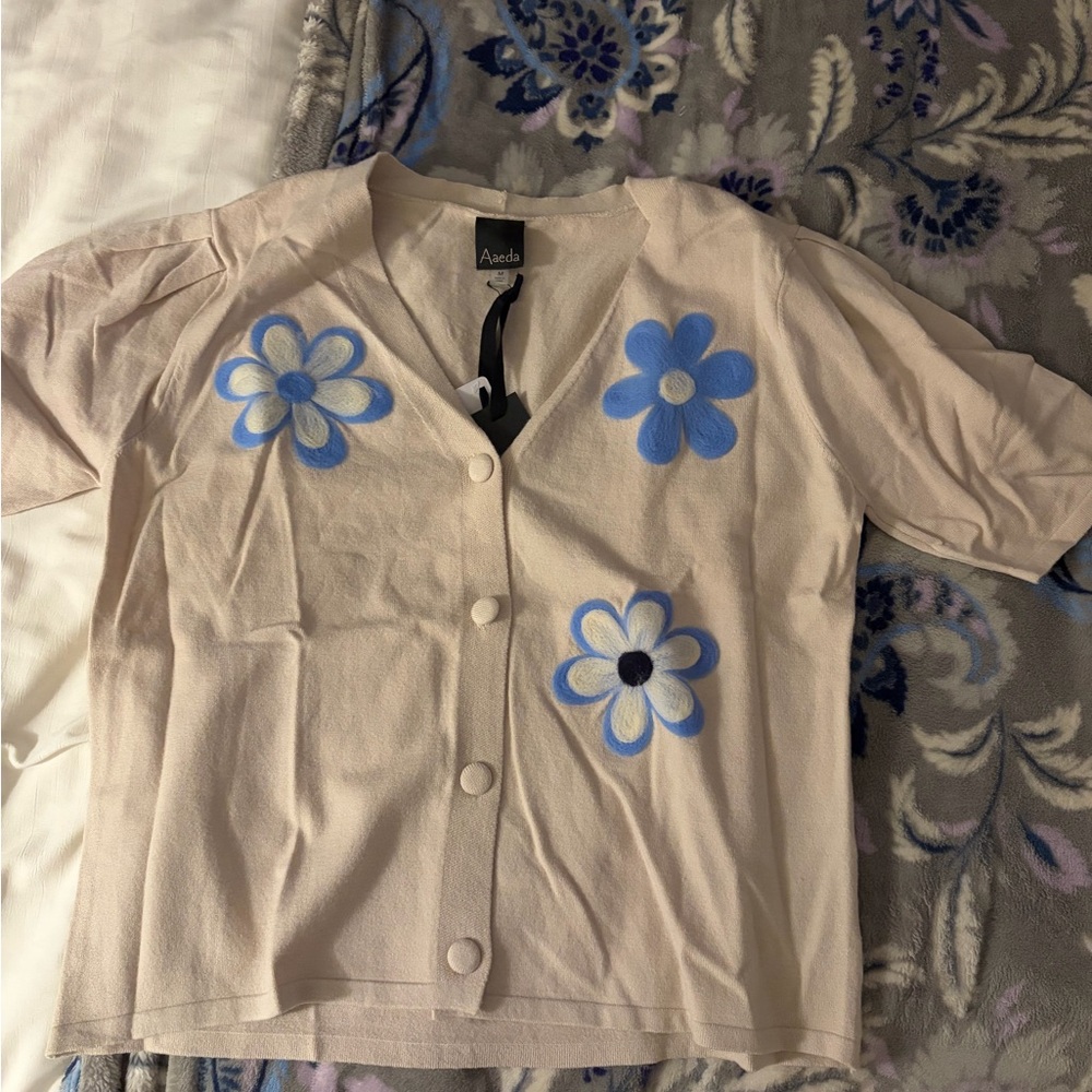 Beige Cardigan with Blue Floral Design